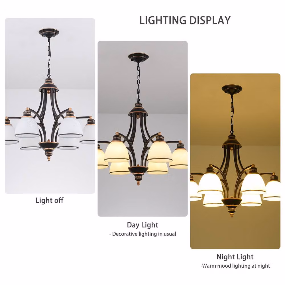 NIVOR Classic 6-Light Bell Pendant Chandelier in Black and Gold with Frosted Glass and E27 Sockets – 3