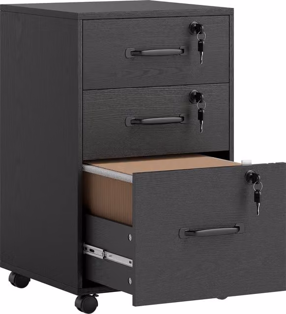 HOMCOM Three Drawer Black Wood-Effect Filing Cabinet with Castors – 1