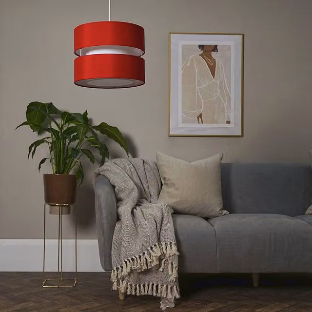 ValueLights Sophia Small 2 Tier Red Fabric Cylinder Ceiling Light Shade and Bulb