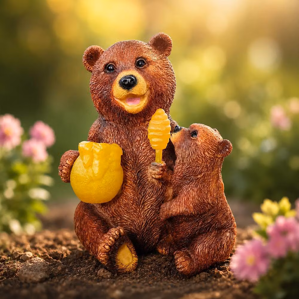 Marco Paul Solar Mama Bear and Cub Hand Painted Brown Resin Garden Statue – 3