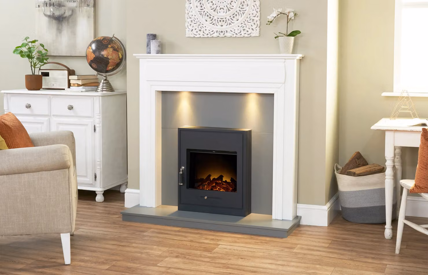 Adam Fires & Fireplaces Honley Built-in Electric Fireplace in White and Grey with Oslo Black Electric Inset Stove, W: 121.92 cm – 2