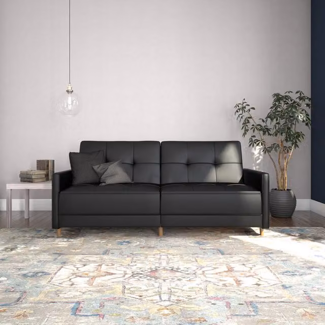 Dorel Home Andora Mid-Century Style Futon Sofa Bed with Spring Core in Black Synthetic Leather