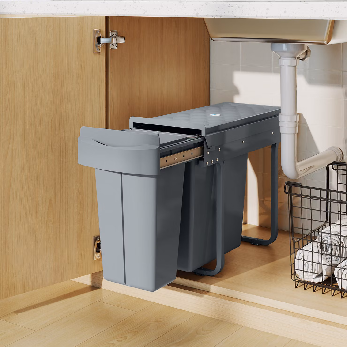 HOMCOM 2-Compartment Under-Sink Kitchen Recycling Bin with Removable Buckets and Diamond Pattern Flip Lid, Grey – 6