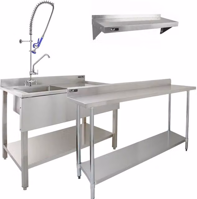 KuKoo Silver Stainless Steel Commercial Sink with Pre-Rinse Tap, W/D/H: 182.88 x 60.0 x 105.0 cm
