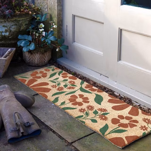 Artsy Mats Red and Green Floral Pattern Coir Doormat, Brown, W/D: 120 x 40 cm