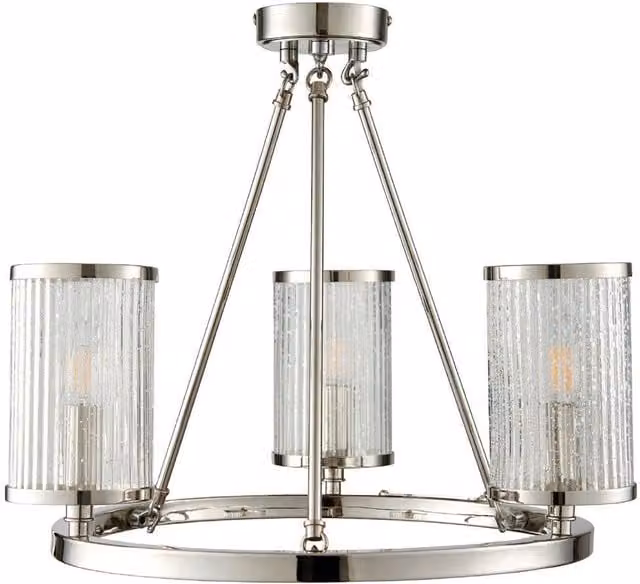 Loops 3 Light Chandelier Pendant with Silver Metal and Transparent Ribbed Glass Shades – 1