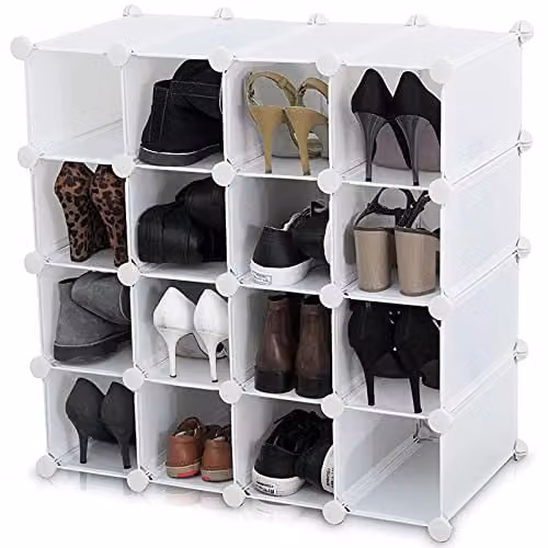 AMOS 16 Pair Interlocking Cube Shoe Storage Rack Organiser with Back Panels in White