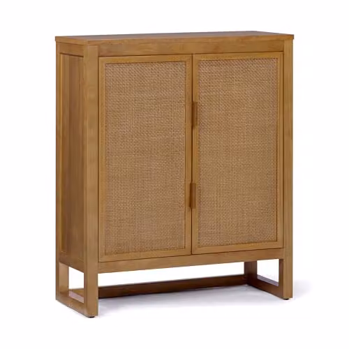 Teamson Home Hatteras Modern Wood and Rattan Accent Cabinet in Sand, W/D/H: 71 x 30.48 x 86.38 cm – 1