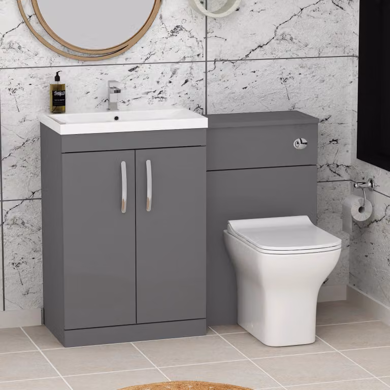 Royal Bathrooms Turin 1300mm Indigo Grey Gloss 2-Door Mid-Edge Basin and Qubix Back to Wall Toilet Pack