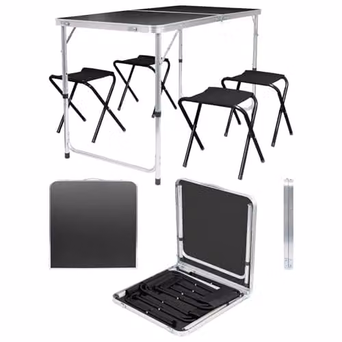 Harbour Housewares 5-Piece Height Adjustable Folding Picnic Table and Chairs Set in Black Powder Coated Aluminium – 1