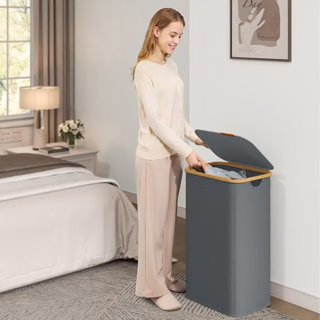 SONGMICS 100L Foldable Bamboo Laundry Hamper with Lid, Grey