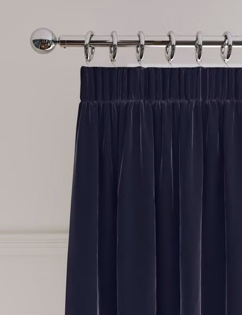 M&S Navy Blue Velvet Thermal Insulating Pencil Pleat Curtains, Height: 229 cm, Width: 275 cm