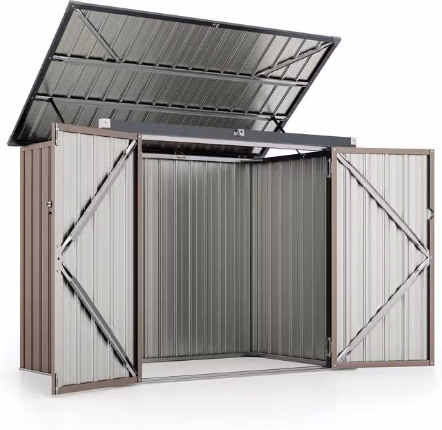 Gymax Metal Bin Store Storage Shed with Double Openings, Light Grey, W: 95 cm, D: 172 cm, H: 130 cm