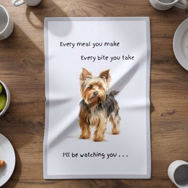 Animal Crackers Yorkshire Terrier Funny Dog Tea Towel, White and Grey Cotton, 66 cm – 1