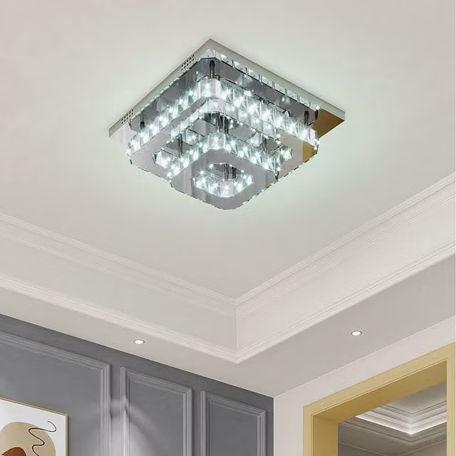 Komore Square Glamorous Crystal LED Ceiling Light in Silver and Chrome