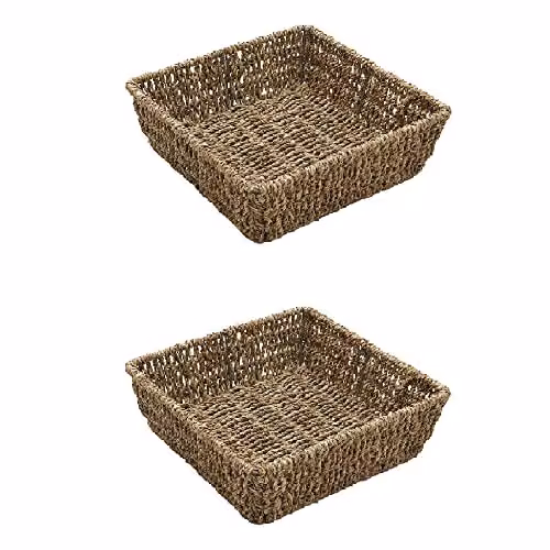 JVL Set of 2 Hand Woven Seagrass Square Storage Trays in Brown and Sand, W/D/H: 25 x 25 x 8 cm – 3