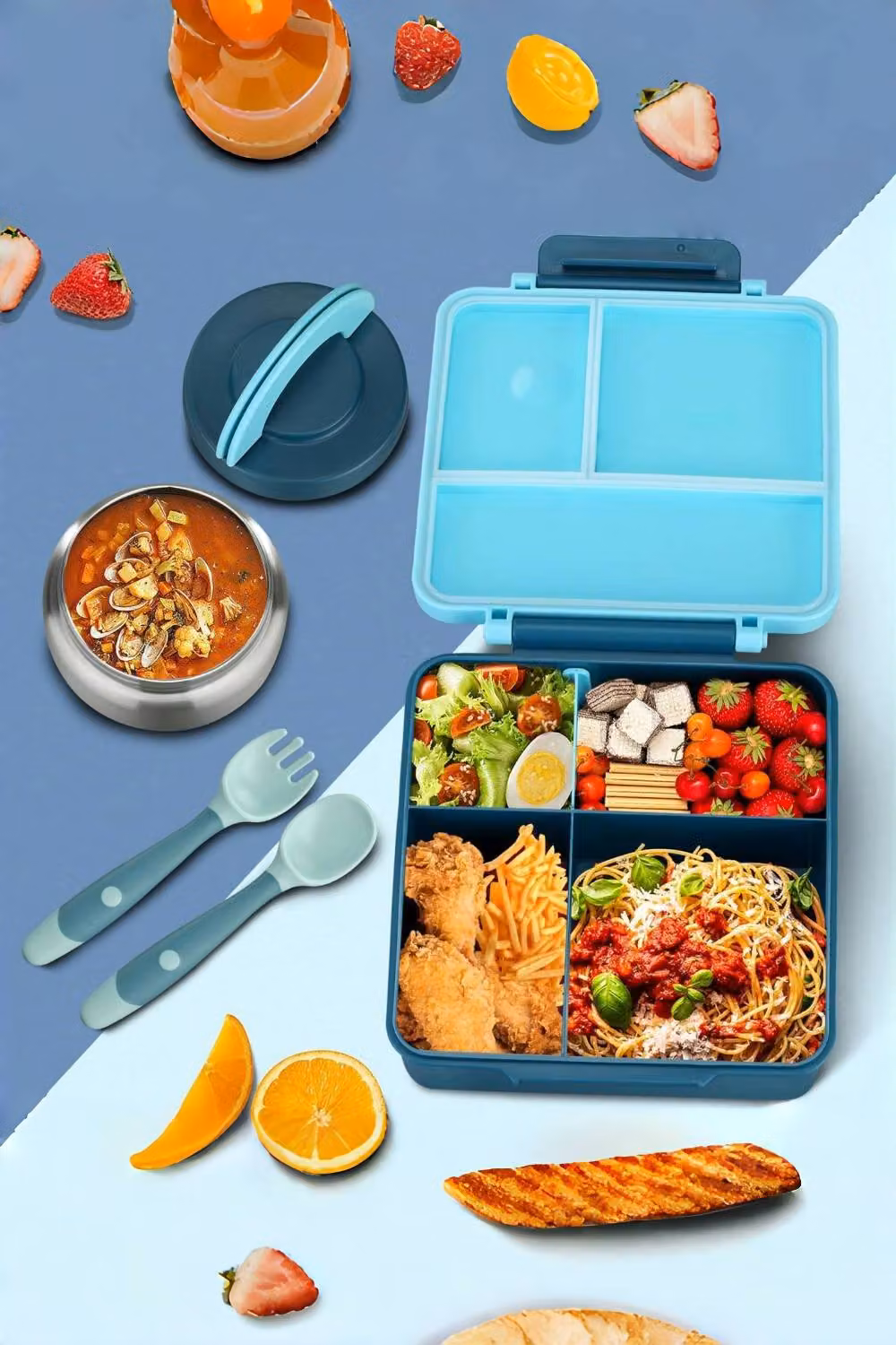 Living and Home 4-Grid Bento Lunch Box with Stainless Steel Bowl and Movable Dividers in Blue – 4