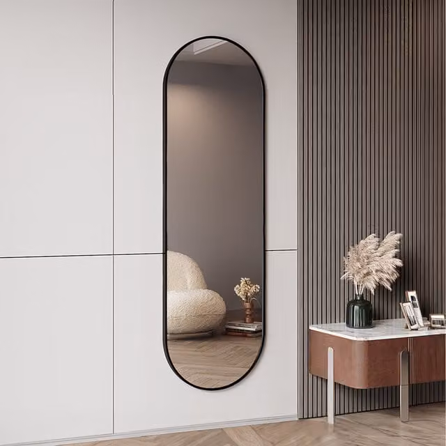 Lifeideas Modern Oval Wall Mounted Full Length Mirror in Black or Gold, W: 40 cm, H: 150 cm, D: 2.8 cm
