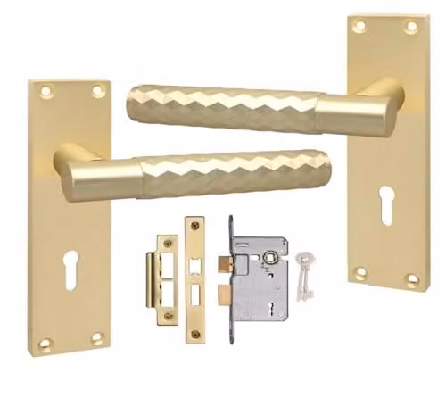 Golden Grace Knurled Diamond Cut Lock Door Handle Set in Satin Brass