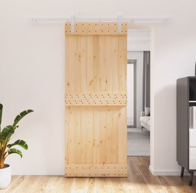 Berkfield Home Rustic Solid Wood Pine Sliding Door with Hardware Set, Brown, W: 85 cm, H: 210 cm – 1