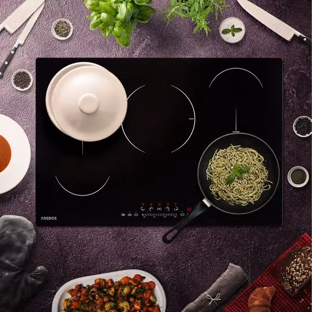 AREBOS Black Glass Ceramic Induction Electric Hob with 5 Zones, Child Lock and Timer