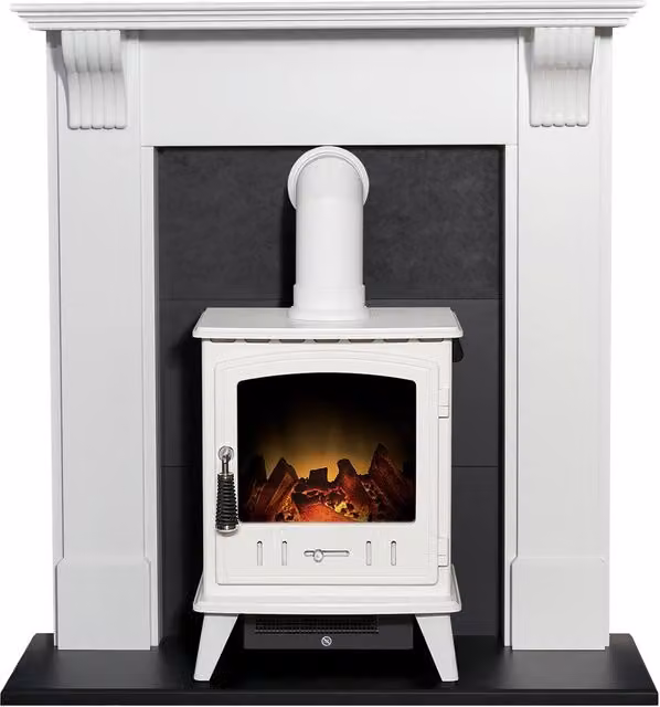 Adam Fires & Fireplaces Harrogate White and Black Fireplace with Aviemore White Stove – 1