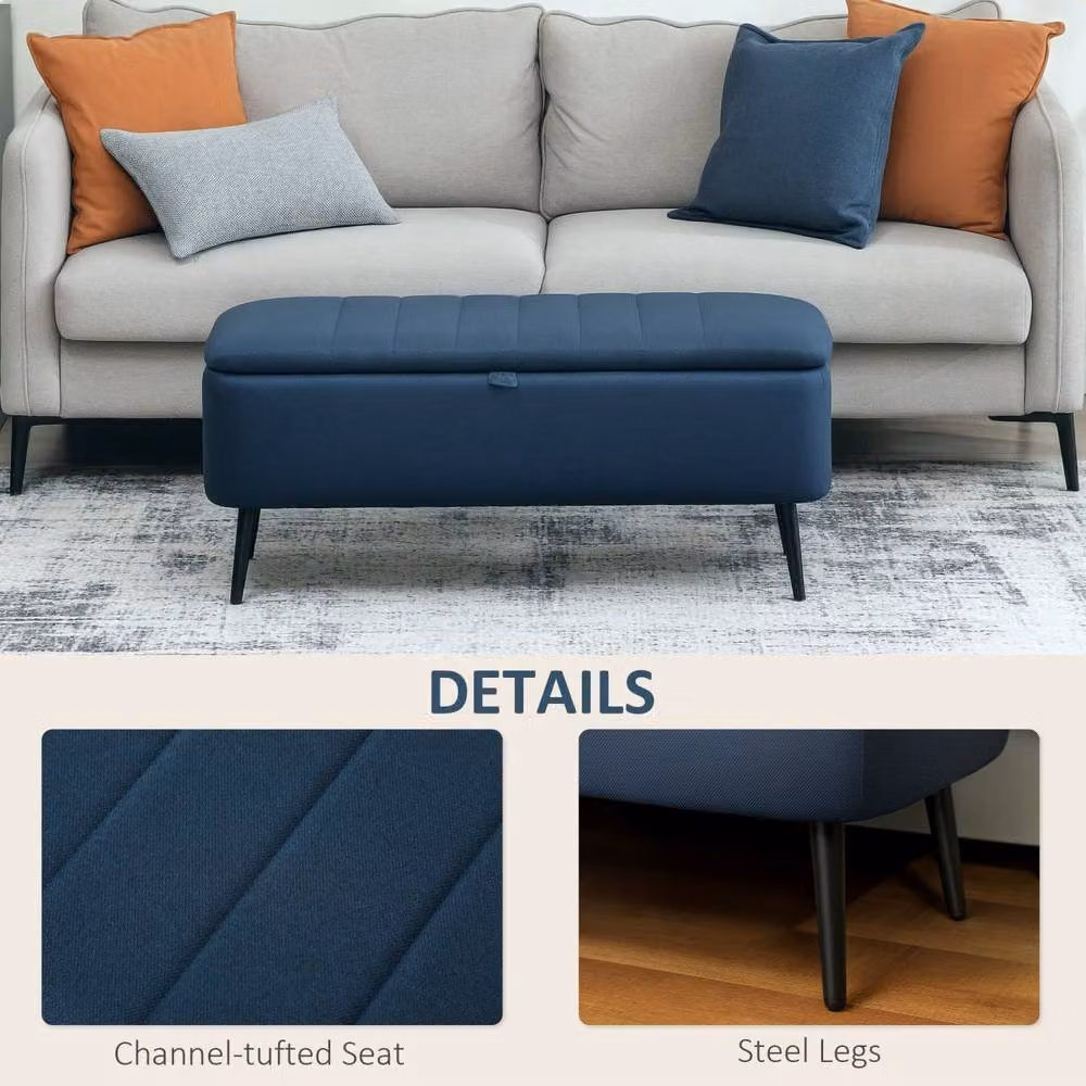 Wyld Haus Sudina Rectangle Storage Ottoman in Dark Blue Linen Look Fabric with Metal Frame – 7