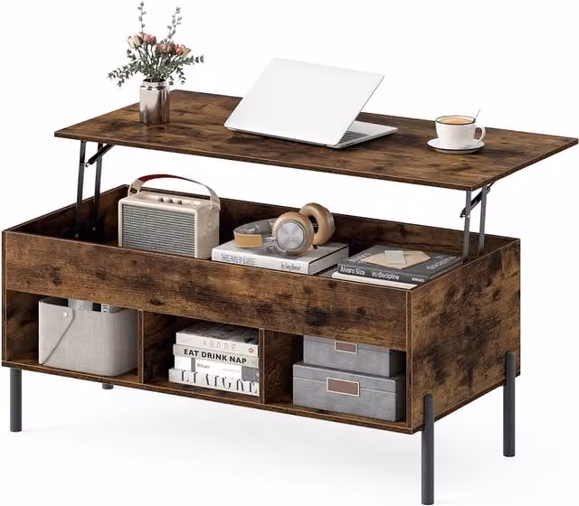 Costway Brown Industrial Lifting Cocktail Center Table with MDF Laminate Wood Finish