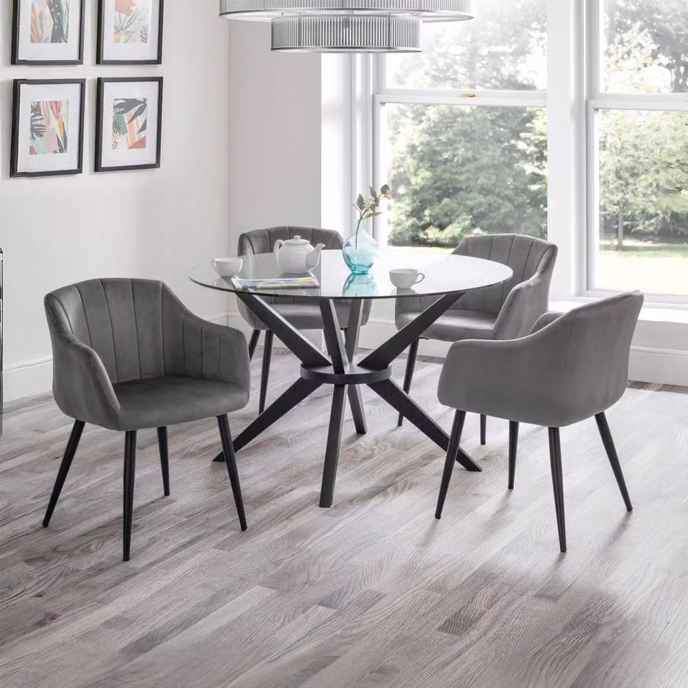 Cheshire Glenwood Set of 2 Premium Scalloped Grey Velvet Dining Chairs with Armrests and Black Metal Legs – 5