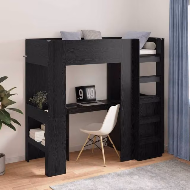 Berkfield Home Loft Bed Frame with Desk in Black Oak, W: 75 cm, L: 190 cm, Engineered Wood