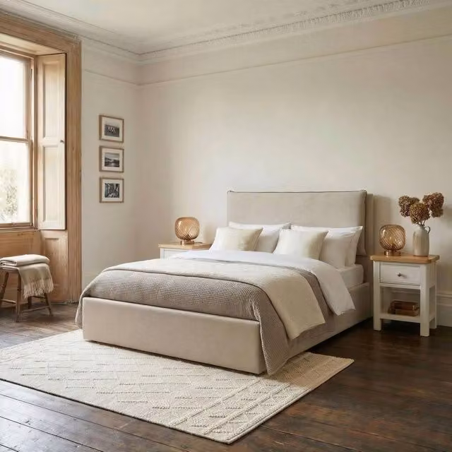 FurnitureboxUK Tilly Ottoman Bed Frame in Beige and Brown Herringbone Fabric, Double, 140 x 200 cm