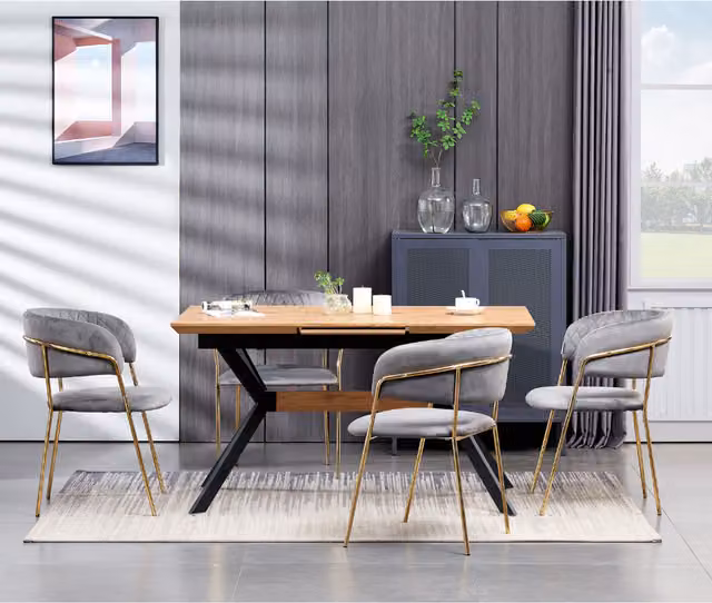 Life Interiors Atarah Blaze LUX Extendable Dining Set with Butterfly Leaf and 6 Chairs in Grey and Gold