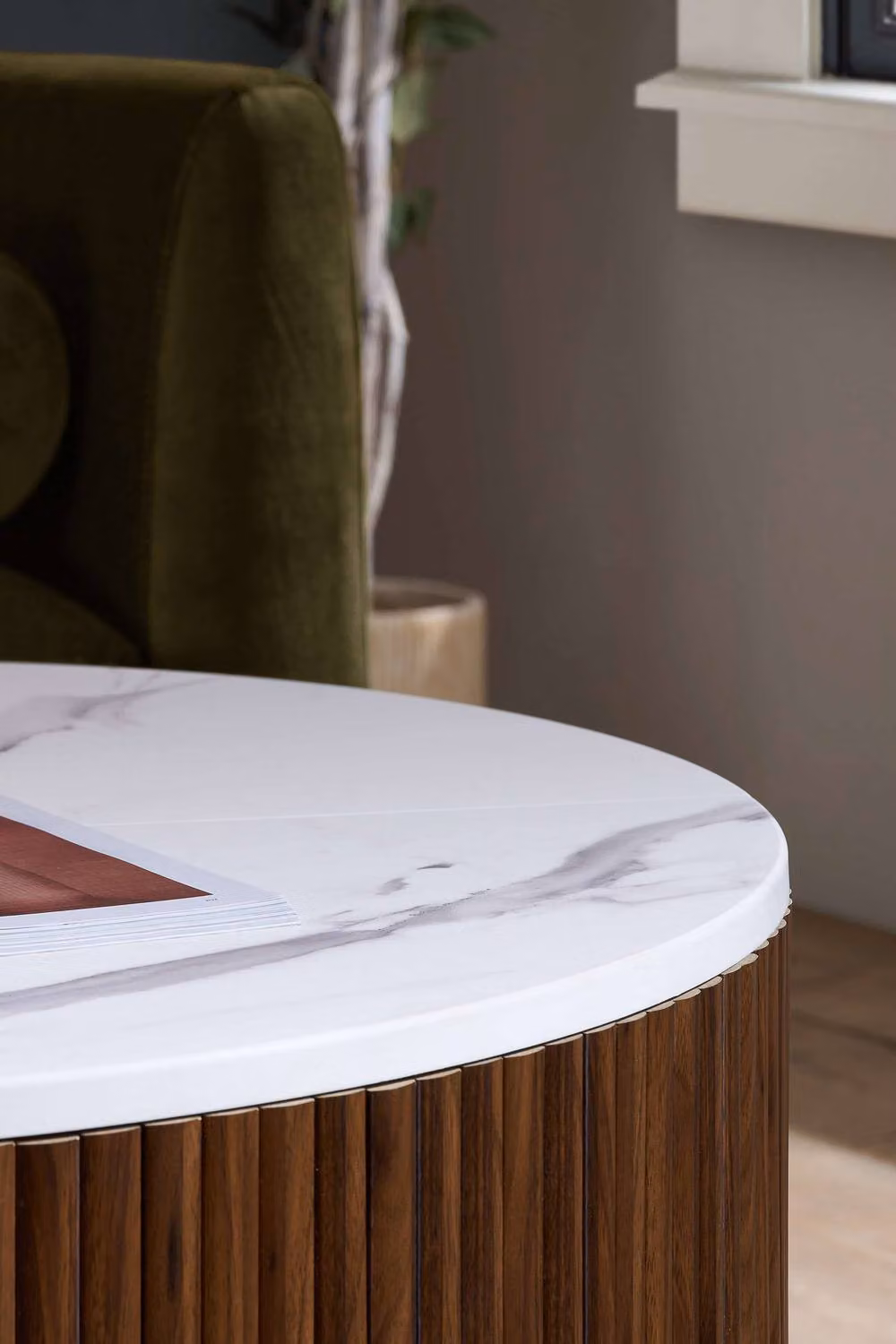 Birlea Kagu Round Coffee Table with Fluted Ribbed Walnut and Marble Effect in Brown – 5