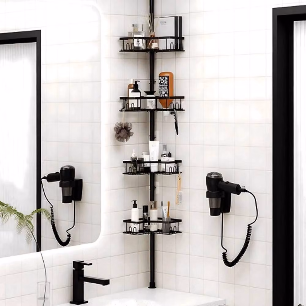 VOGREX 4-Tier Telescopic Corner Shower Caddy Bathroom Rack in Black – 3