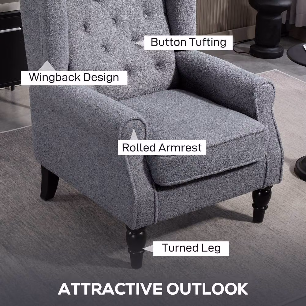 STILVORA Grey Teddy Fleece Wingback Armchair with Solid Wood Frame – 3