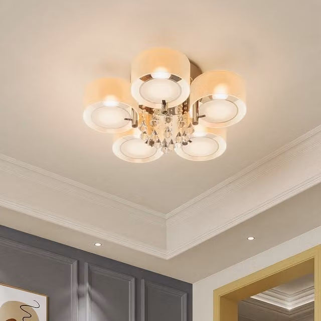 Komore Round Acrylic LED Semi Ceiling Light with Crystal Accent in White and Chrome, Diameter: 35 cm