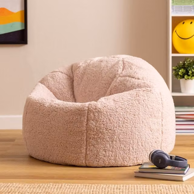 ICON Fluffy Kids Bean Bag Chair in Light Pink with Removable Bouclé Cover, Diameter: 45 cm
