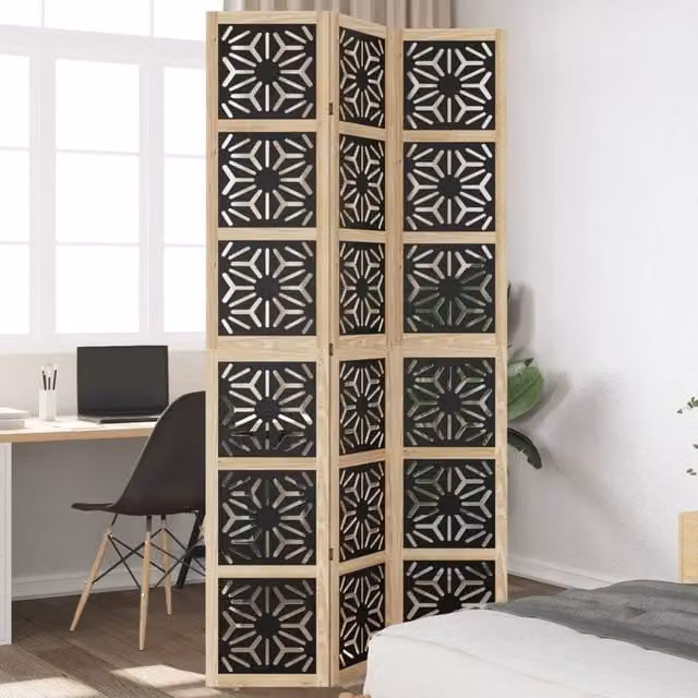 Berkfield Home 3 Panel Geometric Room Divider in Brown and Black Solid Paulownia Wood – 1