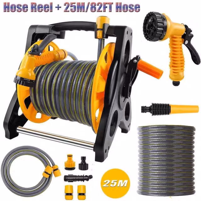 FLAVORA Black Freestanding Garden Hose Reel Trolley with 25m Hose – 1