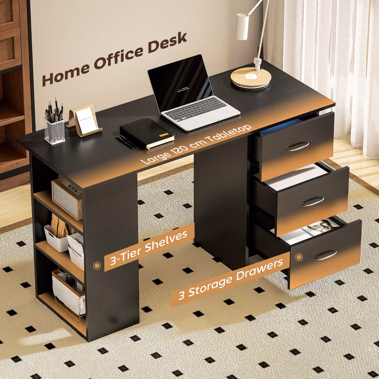 HOMCOM Black Computer Desk with 3 Storage Shelves and 3 Drawers, W/D/H: 120 x 49 x 72 cm – 4