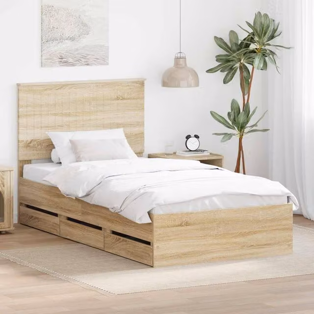 Berkfield Home Sonoma Oak Bed Frame with Drawer in Brown, W/D/H: 100 x 200 cm
