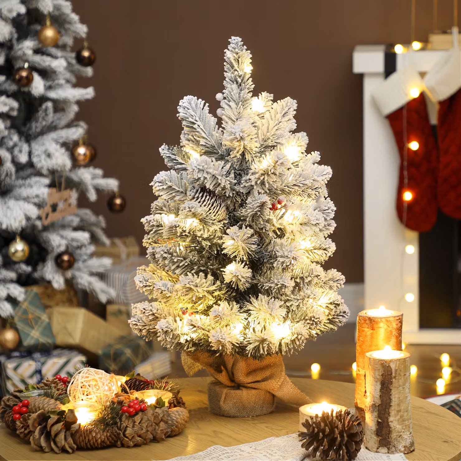 HOMCOM Green Snow Flocked Tabletop Mini Christmas Tree with 35 LED Lights and Linen Cover Base, 60 cm – 2