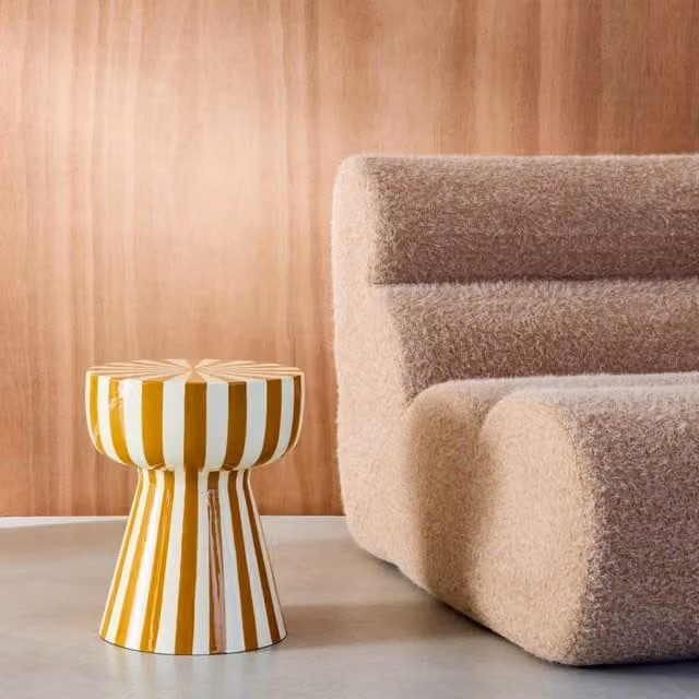 sweeek Modern Round Side Table in Yellow Enamelled Striped Metal