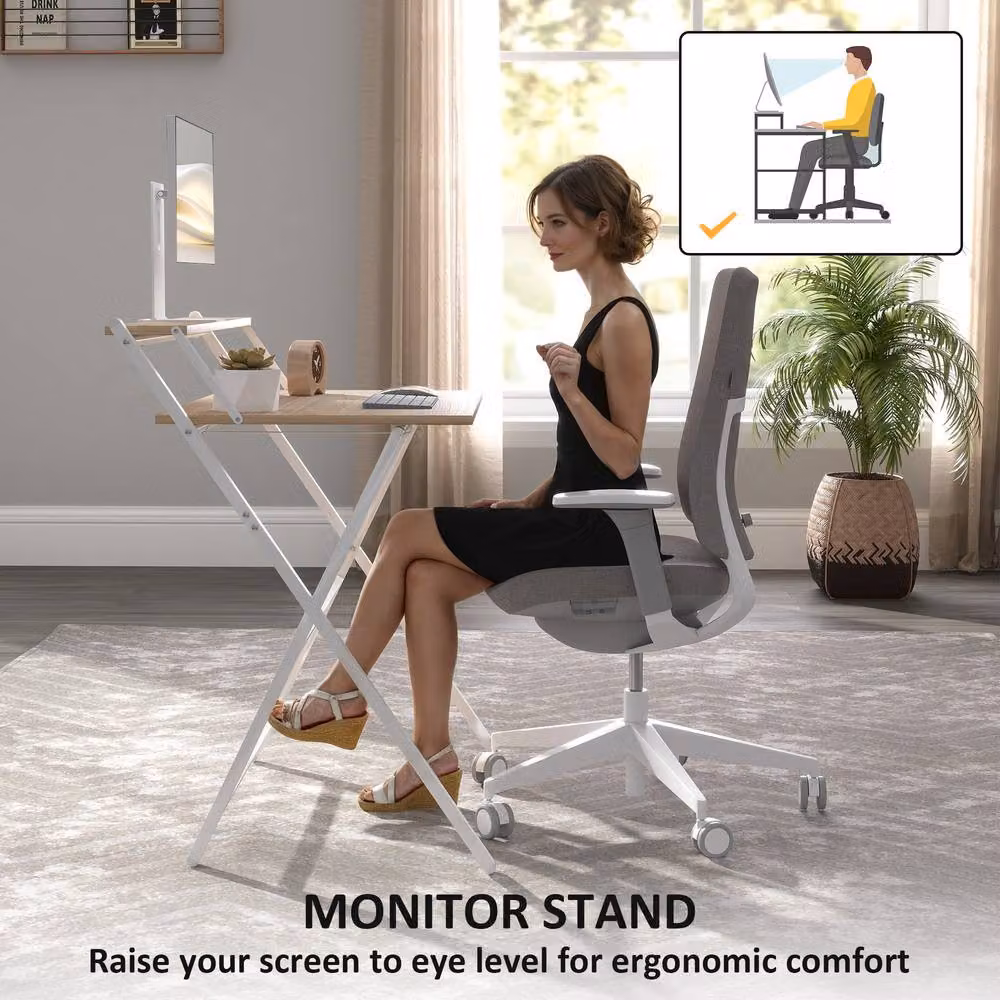 STILVORA Folding Computer Desk with Monitor Shelf in White and Natural Wood – 4