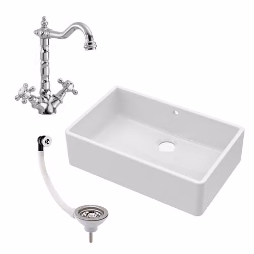 Balterley White Ceramic Butler Sink with Mono French Classic Crosshead Mixer Tap and Waste, Single Bowl Apron Front Design, White/Chrome – 1