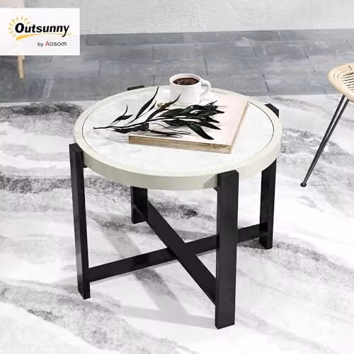 Outsunny Round Modern Garden Side Table in Grey with Glass Top, Diameter: 60 cm, Height: 46 cm – 2