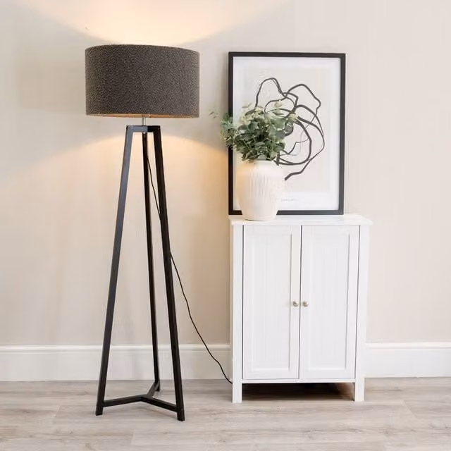 ValueLights Lottie Black Wood Tripod Floor Lamp with Grey Fabric Cylinder Shade – 1