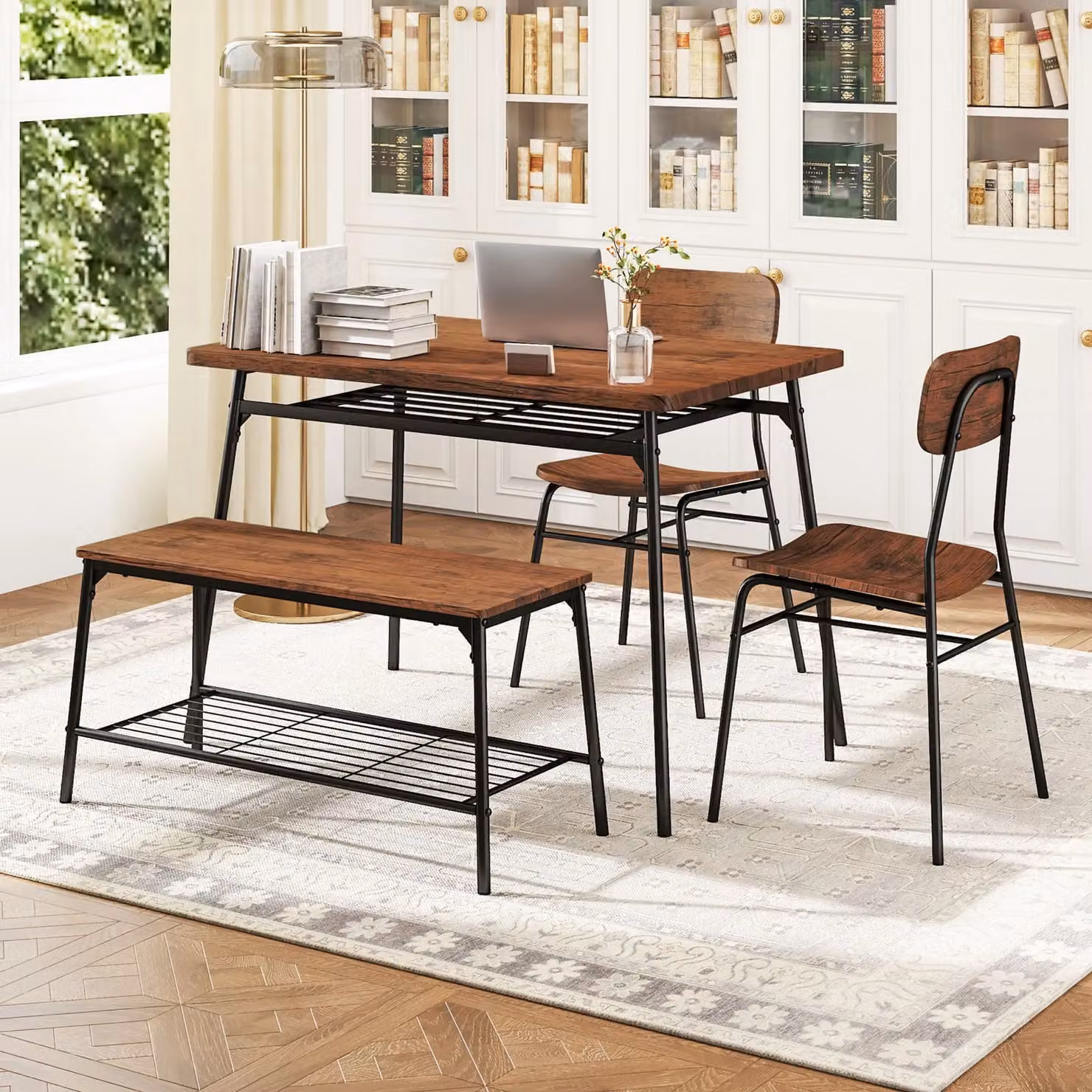 Gymax 4-Piece Dining Table Set with Bench, 2 Chairs and Storage Rack in Brown – 6