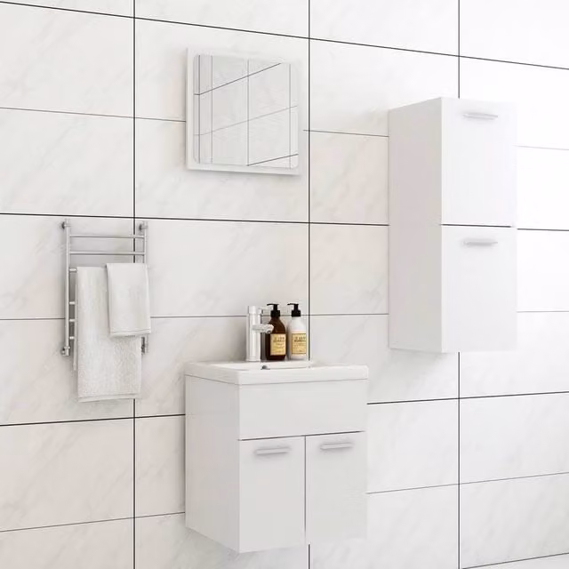 Berkfield Home Modern White Bathroom Furniture Set including Vanity Unit, Side Cabinet and Mirror Cabinet