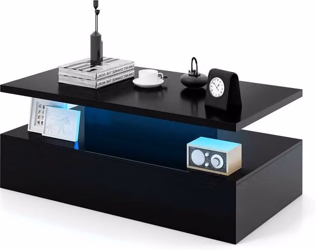 Costway Modern 2-Tier Rectangular Coffee Table with Adjustable LED Light in Black – 1